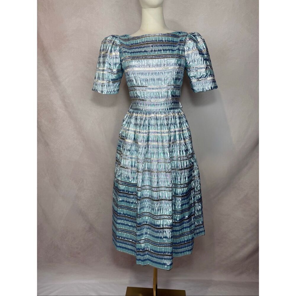 Vintage Victor Costa for Neiman Marcus Late 1970s Metallic Dress Designer Small